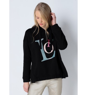 Lois Jeans Grafisk sweatshirt med huva och ppning i sidan svart
