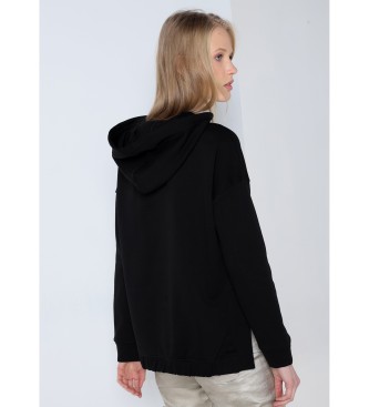 Lois Jeans Grafisk sweatshirt med huva och ppning i sidan svart