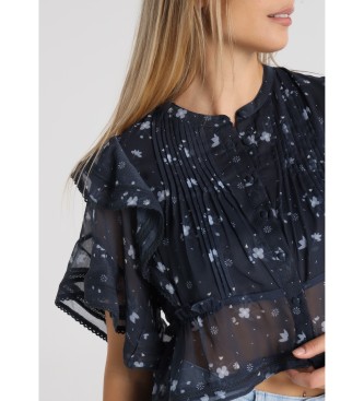 Lois Jeans Top de manga curta com folhos e estampado floral em azul-marinho