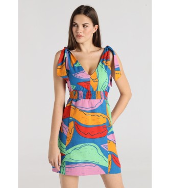 Lois Jeans Vestido corto Lazo en los hombros estampado maxi hojas multicolor