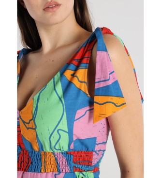 Lois Jeans Vestido corto Lazo en los hombros estampado maxi hojas multicolor