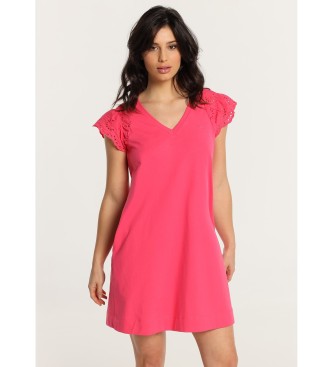 Lois Jeans Kurzes Kleid mit V-Ausschnitt und rosa gestanzten rmeln