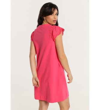 Lois Jeans Kurzes Kleid mit V-Ausschnitt und rosa gestanzten rmeln