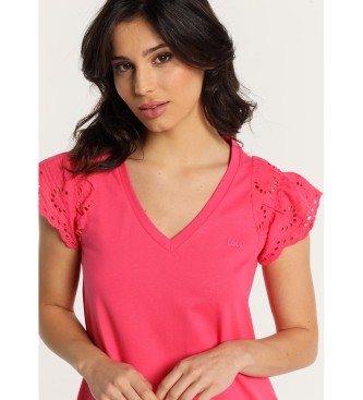 Lois Jeans V-neck short dress with pink die-cut sleeves