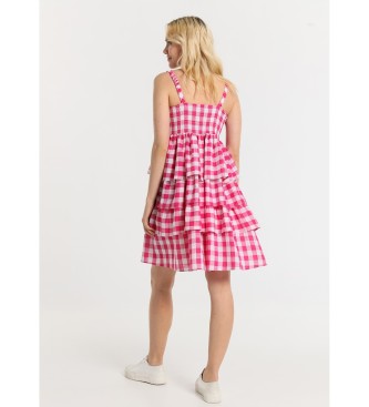 Lois Jeans Krótka sukienka bez ramiączek z różowymi wielokolorowymi falbanami z nadrukiem vichy