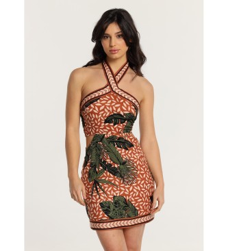 Lois Jeans Kort halterneck-kjole med udskringer og tropisk print
