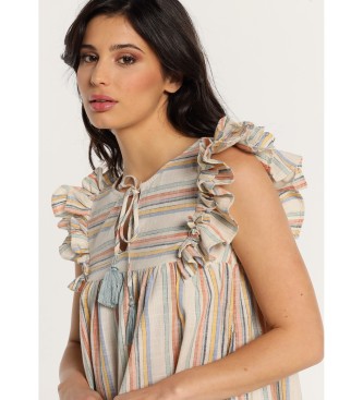 Lois Jeans Korte mouwloze jurk met ruches op de schouder in rustieke stijl met strepen