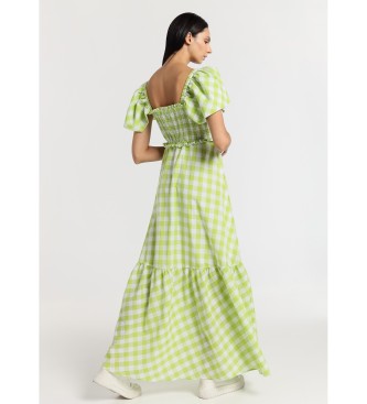 Lois Jeans Long boho dress with ruffle sleeves honeycomb vichy print multicolour lime green