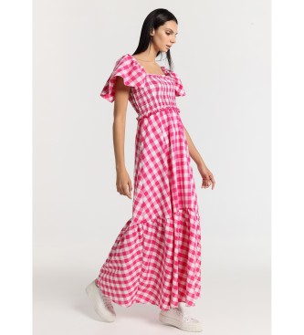 Lois Jeans Long boho dress with flounce sleeves honeycomb vichy multicolour pink print