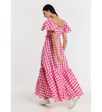 Lois Jeans Long boho dress with flounce sleeves honeycomb vichy multicolour pink print