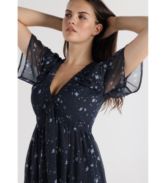 Lois Jeans Sukienka midi z krótkim rękawem i gumką na piersi z granatowym kwiatowym nadrukiem