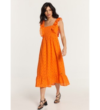 Lois Jeans Vestido midi troquelado de tirantes con volantes naranja