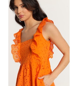 Lois Jeans Oranžna nabrana midi obleka brez naramnic z volančki