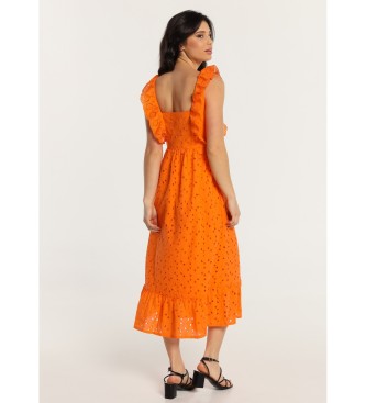 Lois Jeans Orange ruffled strapless die-cut midi dress with ruffles