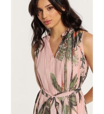 Lois Jeans Kratka nagubana obleka brez rokavov z rožnatim tropskim potiskom