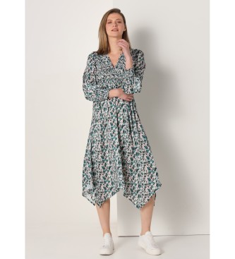 Lois Jeans Long satin dress with green camouflage pleats
