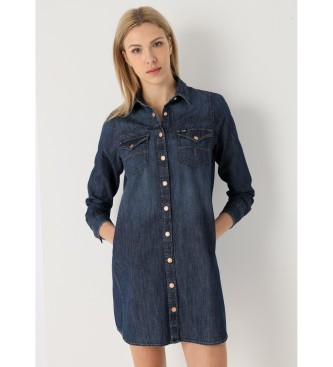 Korte denim jurk met lange mouw en navy zakken