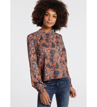 Lois Jeans Texas Roses brown ruffled collar blouse
