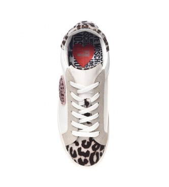 Love Moschino Sneakers Casse25 Mix in pelle bianca, stampa animalier