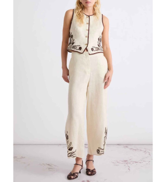 Marella Pantal�n de lino con bordados beige
