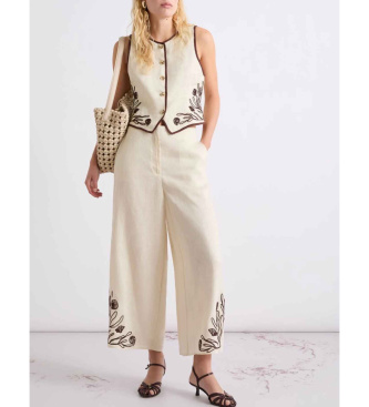 Marella Pantal�n de lino con bordados beige