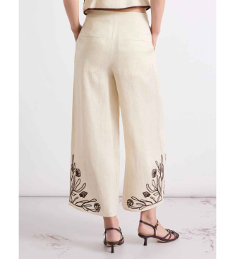 Marella Pantal�n de lino con bordados beige