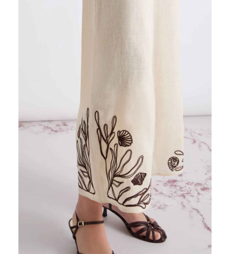 Marella Pantal�n de lino con bordados beige