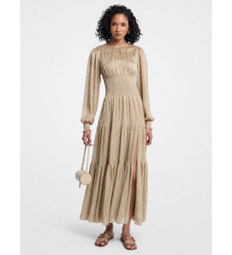 Michael Kors Vestido maxi smock de manga longa dourado