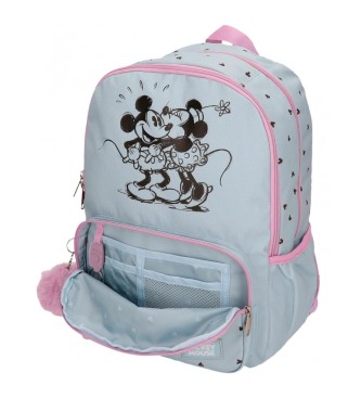 Disney Mochila escolar Mickey y Minnie kisses doble compartimento con carro azul