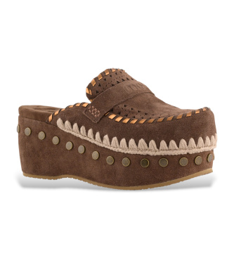 Mou Zuecos de piel Clog overstitching marr�n