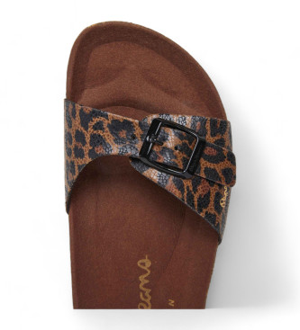 Pepe Jeans Brązowe anatomiczne sandały Oban Leopard