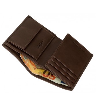 Pepe Jeans Skórzany portfel Checkbox pionowy z portmonetką Brązowy