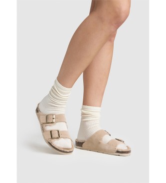 Pepe Jeans Beige double buckle suede sandals