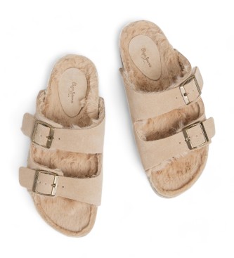 Pepe Jeans Beigefarbene Wildleder-Sandalen mit doppelter Schnalle