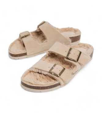 Pepe Jeans Beigefarbene Wildleder-Sandalen mit doppelter Schnalle