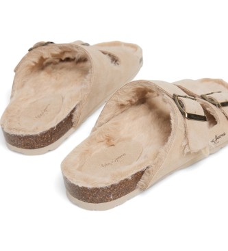 Pepe Jeans Beigefarbene Wildleder-Sandalen mit doppelter Schnalle