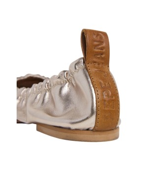 Pepe Jeans Poppy Logo srebrne usnjene balerinke