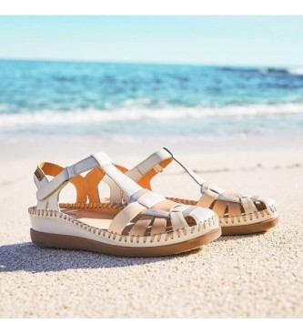 Pikolinos Beige leather crab sandals, white
