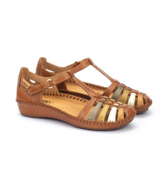 Pikolinos Semi open-toed leather shoes with brown P. Vallarta hook-and-loop fasteners