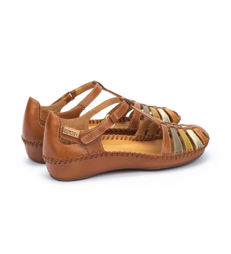 Pikolinos Semi open-toed leather shoes with brown P. Vallarta hook-and-loop fasteners