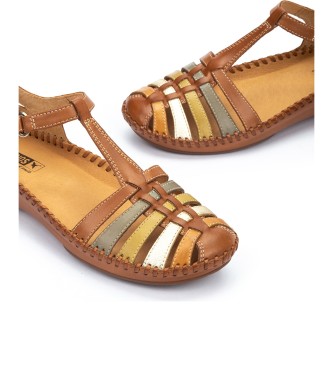 Pikolinos Semi open-toed leather shoes with brown P. Vallarta hook-and-loop fasteners