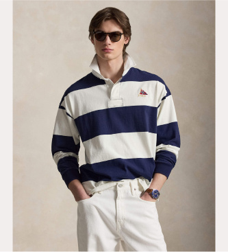 Polo Ralph Lauren Rugby-Shirt in Big Fit aus Strick in Marineblau, Weiß