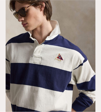 Polo Ralph Lauren Rugby-Shirt in Big Fit aus Strick in Marineblau, Weiß