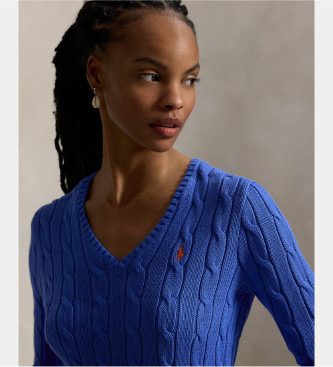 Polo Ralph Lauren Bombažni pulover iz modrega pletenega džersija z osmicami