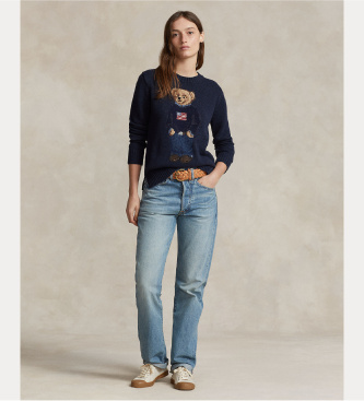 Polo Ralph Lauren Trui van katoen en linnen met marineblauw Bear Poloshirt