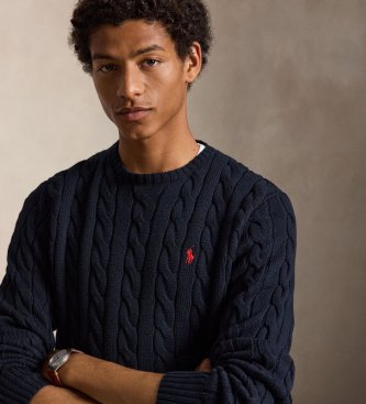Polo Ralph Lauren Granatowy bawełniany sweter z dzianiny w warkocze