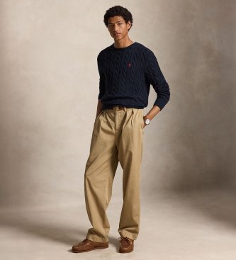 Polo Ralph Lauren Granatowy bawełniany sweter z dzianiny w warkocze