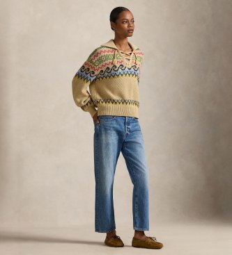 Polo Ralph Lauren Čipkasti pulover Fair Isle Lace-Up v bež barvi