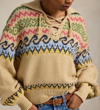 Polo Ralph Lauren Čipkasti pulover Fair Isle Lace-Up v bež barvi