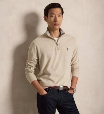 Polo Ralph Lauren Pull en maille ultra-douce avec fermeture éclair beige